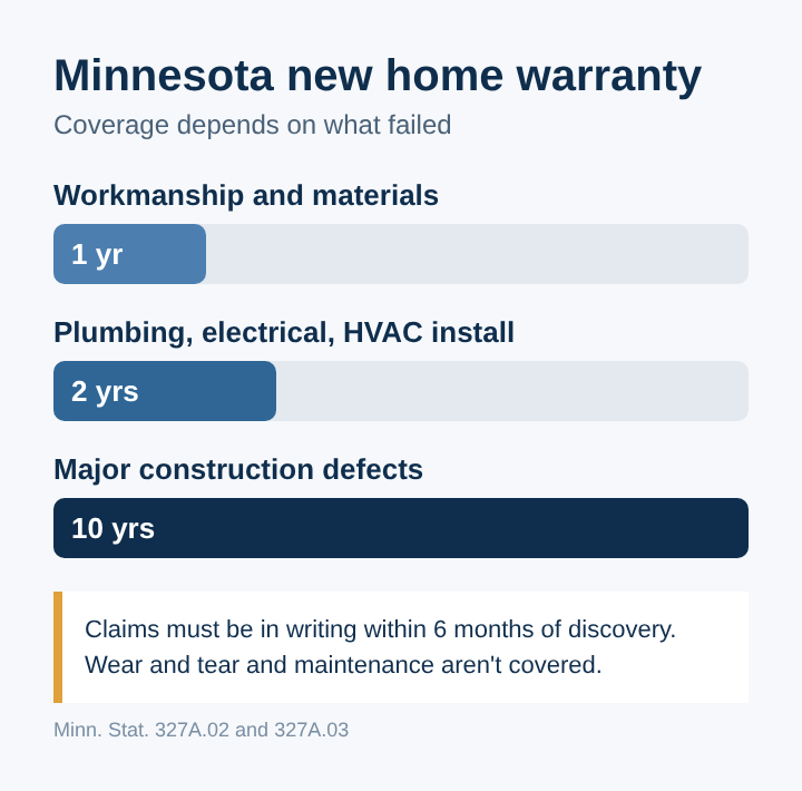 Minnesota new home warranty coverage: 1 year workmanship, 2 years systems, 10 years major defects