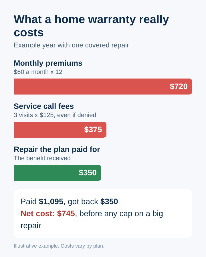 Example of a home warranty costing $1,095 in premiums and fees while paying out $350